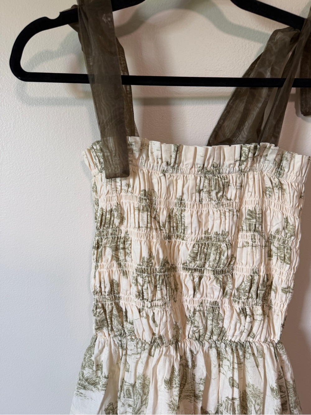 En Saison Cream Green French Toile Smocked Tiered tulle tie strap Midi Dress - S - Picture 3 of 6